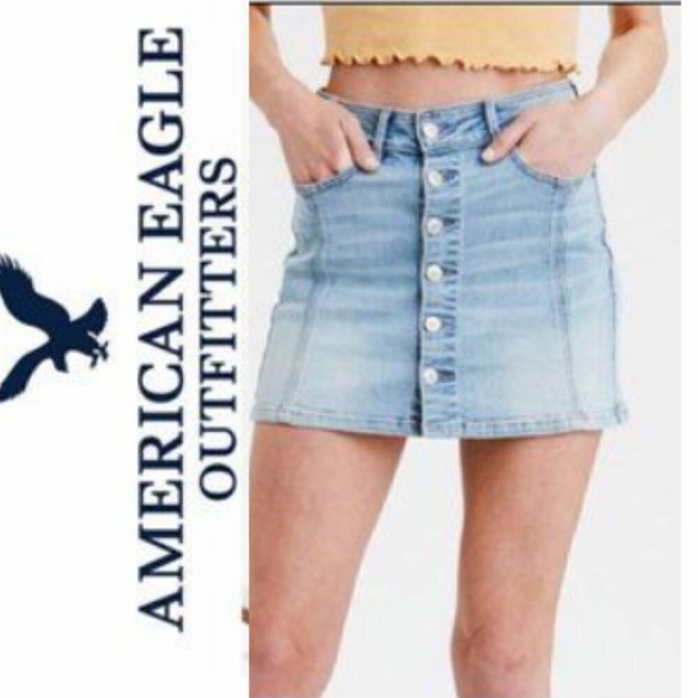 American Eagle Mini High Waisted Button Blue Denim Skirt​​​